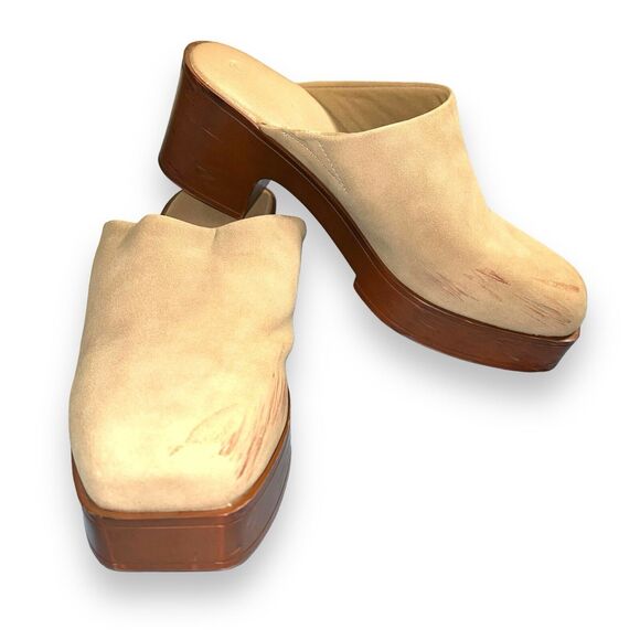 ZBY Womens Mule Booties Square Toe Block Heel Slip On Faux Suede Beige Size 7 - Picture 2 of 12